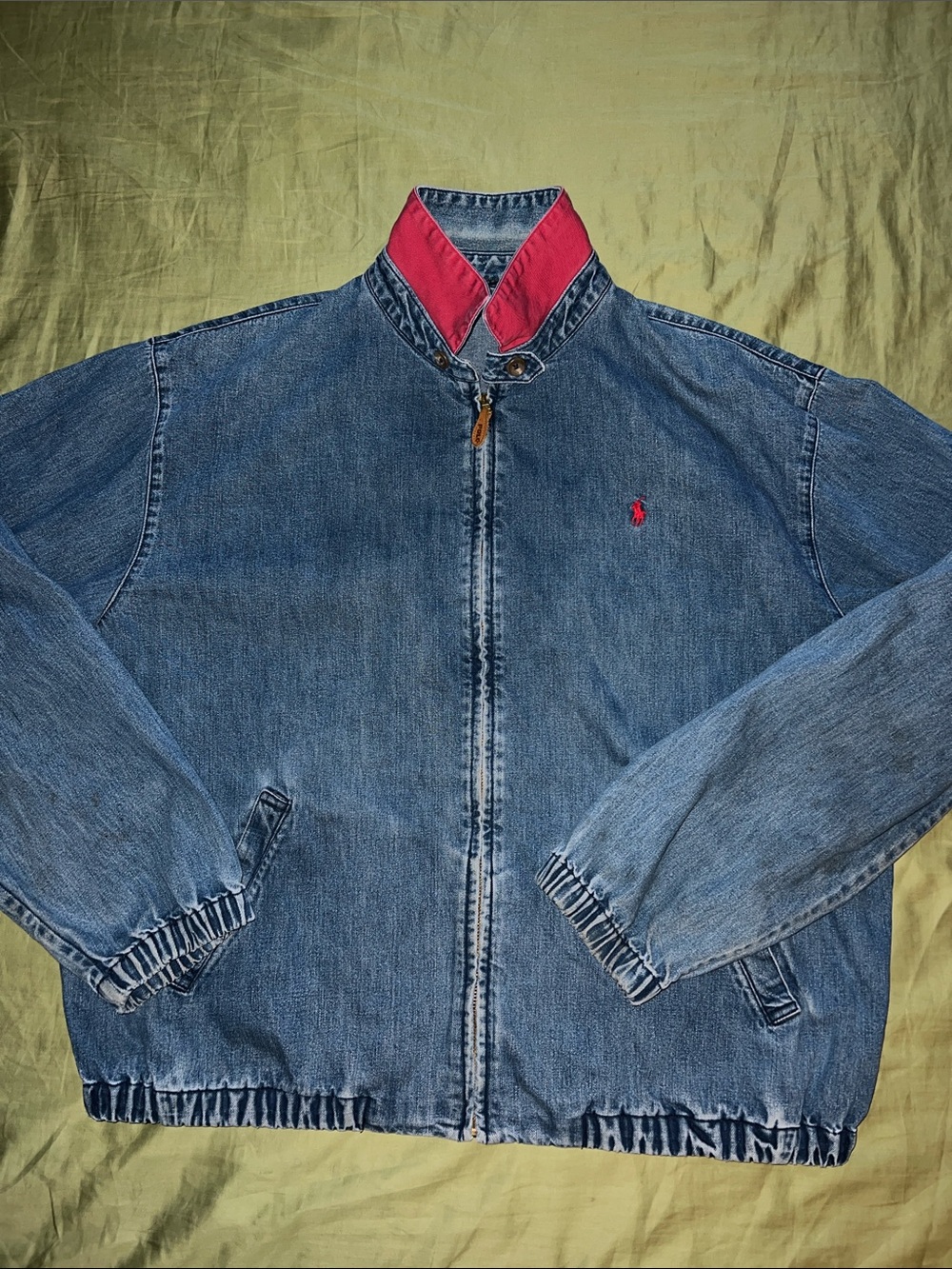Ralph Lauren Vintage Blue Denim Zip Jacket with Red Polo Accent!
